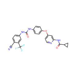 N#Cc1ccc(NC(=O)Nc2ccc(Oc3ccnc(NC(=O)C4CC4)c3)cc2)cc1C(F)(F)F ZINC001772573286