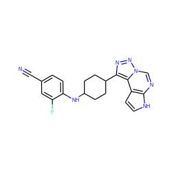 N#Cc1ccc(NC2CCC(c3nnn4cnc5[nH]ccc5c34)CC2)c(F)c1 ZINC001772569762