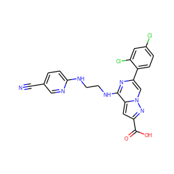 N#Cc1ccc(NCCNc2nc(-c3ccc(Cl)cc3Cl)cn3nc(C(=O)O)cc23)nc1 ZINC000096167596