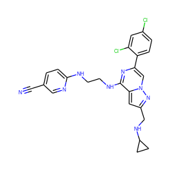 N#Cc1ccc(NCCNc2nc(-c3ccc(Cl)cc3Cl)cn3nc(CNC4CC4)cc23)nc1 ZINC000148483035