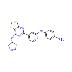 N#Cc1ccc(Nc2cc(-c3nc(N[C@@H]4CCNC4)c4sccc4n3)ccn2)cc1 ZINC000223684689