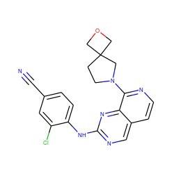 N#Cc1ccc(Nc2ncc3ccnc(N4CCC5(COC5)C4)c3n2)c(Cl)c1 ZINC000224144919