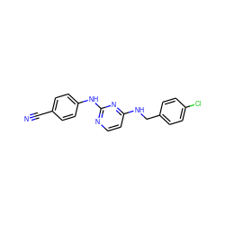 N#Cc1ccc(Nc2nccc(NCc3ccc(Cl)cc3)n2)cc1 ZINC000243386362