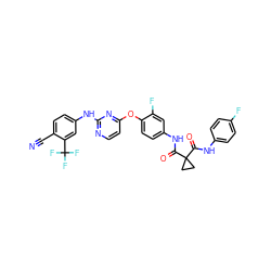 N#Cc1ccc(Nc2nccc(Oc3ccc(NC(=O)C4(C(=O)Nc5ccc(F)cc5)CC4)cc3F)n2)cc1C(F)(F)F ZINC000169350850