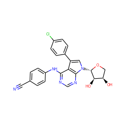 N#Cc1ccc(Nc2ncnc3c2c(-c2ccc(Cl)cc2)cn3[C@@H]2OC[C@@H](O)[C@H]2O)cc1 ZINC000013674251