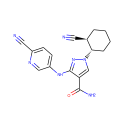 N#Cc1ccc(Nc2nn([C@H]3CCCC[C@@H]3C#N)cc2C(N)=O)cn1 ZINC000221164894