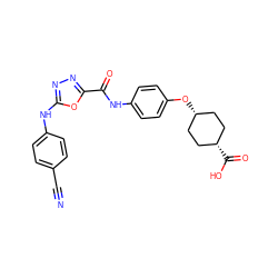 N#Cc1ccc(Nc2nnc(C(=O)Nc3ccc(O[C@H]4CC[C@@H](C(=O)O)CC4)cc3)o2)cc1 ZINC000299847424