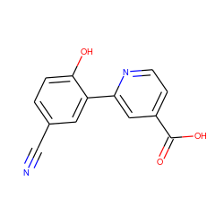 N#Cc1ccc(O)c(-c2cc(C(=O)O)ccn2)c1 ZINC000263620778