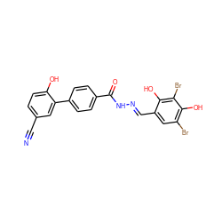 N#Cc1ccc(O)c(-c2ccc(C(=O)N/N=C/c3cc(Br)c(O)c(Br)c3O)cc2)c1 ZINC000095589879