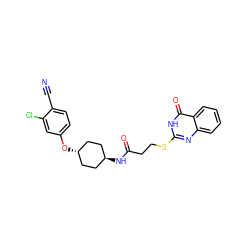 N#Cc1ccc(O[C@H]2CC[C@H](NC(=O)CCSc3nc4ccccc4c(=O)[nH]3)CC2)cc1Cl ZINC000299847876