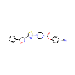 N#Cc1ccc(OC(=O)N2CCN(c3nc(C4=NO[C@@H](c5ccccc5)C4)cs3)CC2)cc1 ZINC000653851997