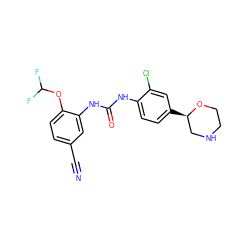 N#Cc1ccc(OC(F)F)c(NC(=O)Nc2ccc([C@@H]3CNCCO3)cc2Cl)c1 ZINC000149922063