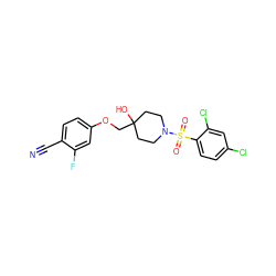 N#Cc1ccc(OCC2(O)CCN(S(=O)(=O)c3ccc(Cl)cc3Cl)CC2)cc1F ZINC000169329147