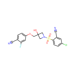 N#Cc1ccc(OCC2(O)CN(S(=O)(=O)c3ccc(Cl)cc3C#N)C2)cc1F ZINC000169329158