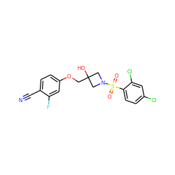 N#Cc1ccc(OCC2(O)CN(S(=O)(=O)c3ccc(Cl)cc3Cl)C2)cc1F ZINC000169330771