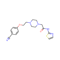 N#Cc1ccc(OCCN2CCN(CC(=O)Nc3nccs3)CC2)cc1 ZINC000169345149