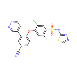 N#Cc1ccc(Oc2cc(F)c(S(=O)(=O)Nc3nncs3)cc2Cl)c(-c2ccnnc2)c1 ZINC000095581467