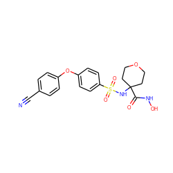 N#Cc1ccc(Oc2ccc(S(=O)(=O)NC3(C(=O)NO)CCOCC3)cc2)cc1 ZINC000027090952