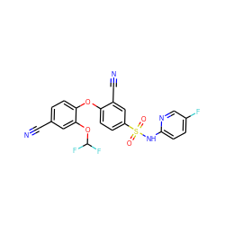 N#Cc1ccc(Oc2ccc(S(=O)(=O)Nc3ccc(F)cn3)cc2C#N)c(OC(F)F)c1 ZINC000473194487