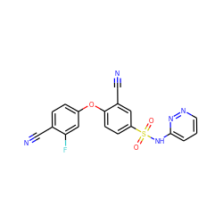 N#Cc1ccc(Oc2ccc(S(=O)(=O)Nc3cccnn3)cc2C#N)cc1F ZINC000473194453