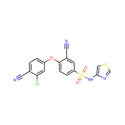 N#Cc1ccc(Oc2ccc(S(=O)(=O)Nc3cscn3)cc2C#N)cc1Cl ZINC000219541466