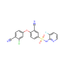 N#Cc1ccc(Oc2ccc(S(=O)(=O)Nc3ncccc3F)cc2C#N)cc1Cl ZINC000473194834