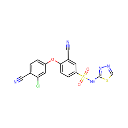 N#Cc1ccc(Oc2ccc(S(=O)(=O)Nc3nncs3)cc2C#N)cc1Cl ZINC001772622313