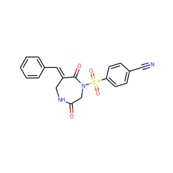 N#Cc1ccc(S(=O)(=O)N2CC(=O)NC/C(=C\c3ccccc3)C2=O)cc1 ZINC000115436599