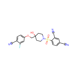 N#Cc1ccc(S(=O)(=O)N2CCC(O)(COc3ccc(C#N)c(F)c3)CC2)c(C#N)c1 ZINC000169329156