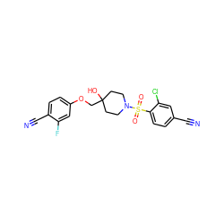 N#Cc1ccc(S(=O)(=O)N2CCC(O)(COc3ccc(C#N)c(F)c3)CC2)c(Cl)c1 ZINC000169329149