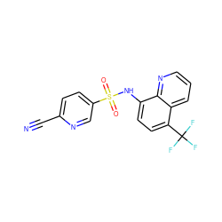 N#Cc1ccc(S(=O)(=O)Nc2ccc(C(F)(F)F)c3cccnc23)cn1 ZINC000141819339