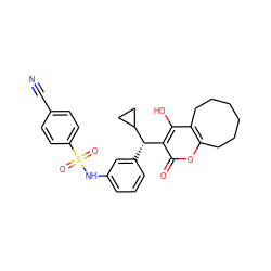 N#Cc1ccc(S(=O)(=O)Nc2cccc([C@@H](c3c(O)c4c(oc3=O)CCCCCC4)C3CC3)c2)cc1 ZINC000003873405