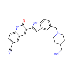 N#Cc1ccc2[nH]c(=O)c(-c3cc4cc(CN5CCC(CN)CC5)ccc4[nH]3)cc2c1 ZINC000034804219