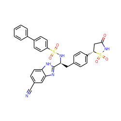 N#Cc1ccc2[nH]c([C@H](Cc3ccc([C@@H]4CC(=O)NS4(=O)=O)cc3)NS(=O)(=O)c3ccc(-c4ccccc4)cc3)nc2c1 ZINC000036088587