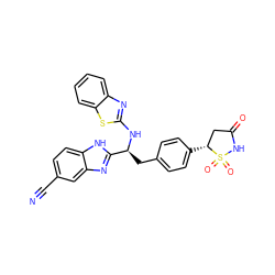 N#Cc1ccc2[nH]c([C@H](Cc3ccc([C@@H]4CC(=O)NS4(=O)=O)cc3)Nc3nc4ccccc4s3)nc2c1 ZINC000014955283