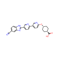 N#Cc1ccc2[nH]c(-c3ccc(-c4ccc(O[C@H]5CC[C@H](C(=O)O)CC5)nc4)nc3)nc2c1 ZINC000101688532