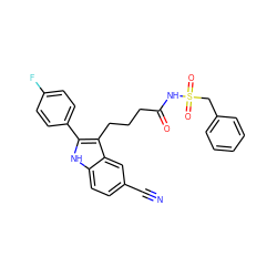 N#Cc1ccc2[nH]c(-c3ccc(F)cc3)c(CCCC(=O)NS(=O)(=O)Cc3ccccc3)c2c1 ZINC000029041416