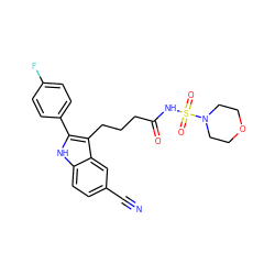 N#Cc1ccc2[nH]c(-c3ccc(F)cc3)c(CCCC(=O)NS(=O)(=O)N3CCOCC3)c2c1 ZINC000029041476