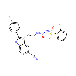 N#Cc1ccc2[nH]c(-c3ccc(F)cc3)c(CCNC(=O)NS(=O)(=O)c3ccccc3Cl)c2c1 ZINC000029041492