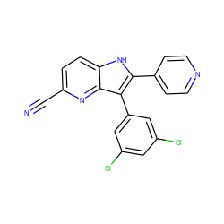 N#Cc1ccc2[nH]c(-c3ccncc3)c(-c3cc(Cl)cc(Cl)c3)c2n1 ZINC000040836351