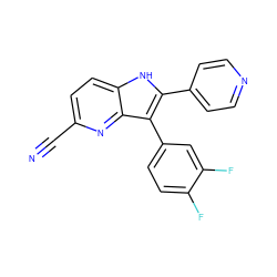 N#Cc1ccc2[nH]c(-c3ccncc3)c(-c3ccc(F)c(F)c3)c2n1 ZINC000040953484