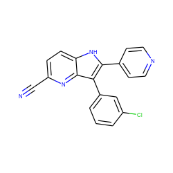 N#Cc1ccc2[nH]c(-c3ccncc3)c(-c3cccc(Cl)c3)c2n1 ZINC000040428721