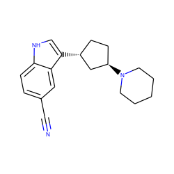 N#Cc1ccc2[nH]cc([C@@H]3CC[C@@H](N4CCCCC4)C3)c2c1 ZINC000003948259