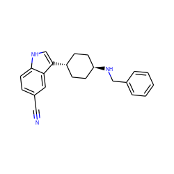 N#Cc1ccc2[nH]cc([C@H]3CC[C@H](NCc4ccccc4)CC3)c2c1 ZINC000100808115