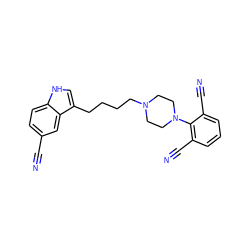 N#Cc1ccc2[nH]cc(CCCCN3CCN(c4c(C#N)cccc4C#N)CC3)c2c1 ZINC000013582509