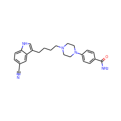 N#Cc1ccc2[nH]cc(CCCCN3CCN(c4ccc(C(N)=O)cc4)CC3)c2c1 ZINC000013582530