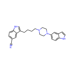 N#Cc1ccc2[nH]cc(CCCCN3CCN(c4ccc5[nH]ccc5c4)CC3)c2c1 ZINC000013582544