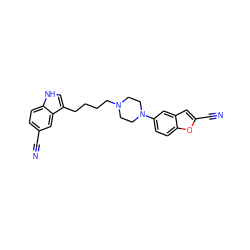 N#Cc1ccc2[nH]cc(CCCCN3CCN(c4ccc5oc(C#N)cc5c4)CC3)c2c1 ZINC000013582488