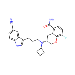 N#Cc1ccc2[nH]cc(CCCN(C3CCC3)[C@H]3COc4c(F)ccc(C(N)=O)c4C3)c2c1 ZINC000040937447