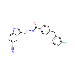 N#Cc1ccc2[nH]cc(CCNC(=O)c3ccc(Cc4cccc(F)c4)cc3)c2c1 ZINC000205322080